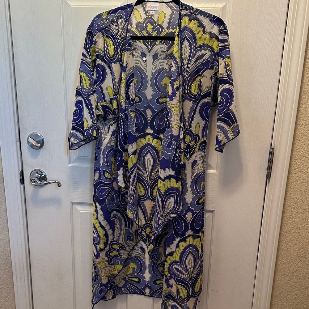 LuLaRoe Blue and Yellow Patterned Shirley Kimono